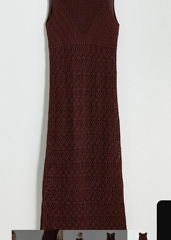 Dantel Detaylı Bohem Kahverengi Triko Uzun Elbise - Görsel 6