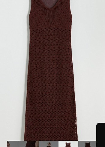 Dantel Detaylı Bohem Kahverengi Triko Uzun Elbise - Görsel 5