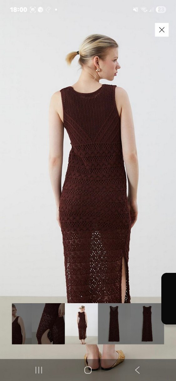 Dantel Detaylı Bohem Kahverengi Triko Uzun Elbise - Görsel 4