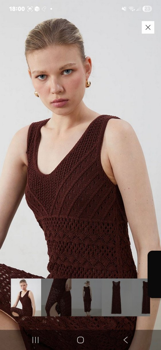 Dantel Detaylı Bohem Kahverengi Triko Uzun Elbise - Görsel 2