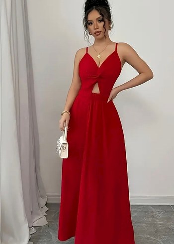 46 Beden kırmızı Renk Saten Görünümlü Kırmızı Uzun Askılı Elbise
