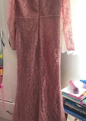 Pembe Dantel Uzun Kollu Vintage Abiye
