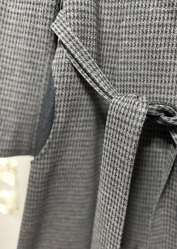 Kadın Gri Kemerli Uzun Ekose Kaban - Görsel 4