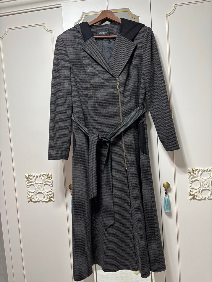 Kadın Gri Kemerli Uzun Ekose Kaban - Görsel 2