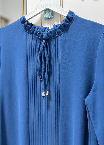 Kadın Mavi Keten Uzun Kollu Fırfırlı Tunik - Görsel 2