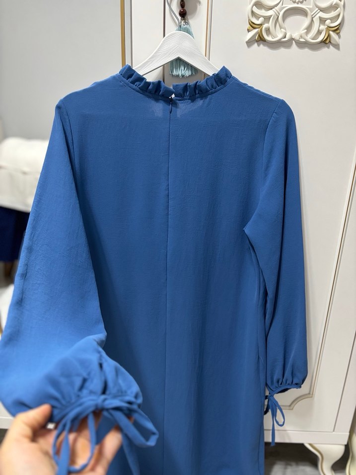 Kadın Mavi Keten Uzun Kollu Fırfırlı Tunik - Görsel 3