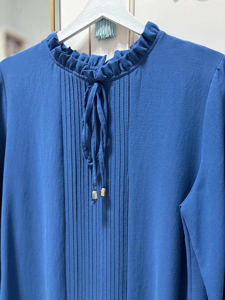 Kadın Mavi Keten Uzun Kollu Fırfırlı Tunik - Görsel 2
