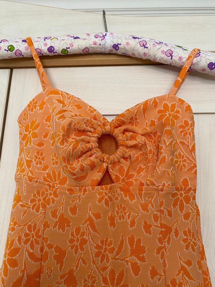 Turuncu Çiçek Desenli Mini Elbise - Görsel 2