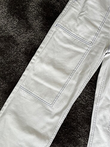 xs Beden beyaz Renk mavi dikiş detaylı beyaz bol pantolon