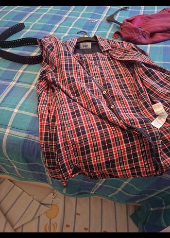 Kırmızı Ekose Uzun Kollu Erkek Gömlek Mavi jeans - Görsel 2