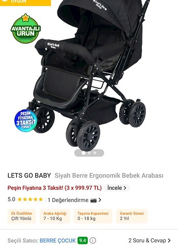 9- 18 kg Beden Sıfır Siyah Katlanabilir Bebek Arabası