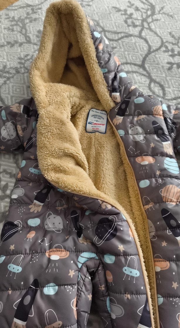 Gri Desenli Bebek Tulumu, Kürklü Kapüşonlu - Görsel 2