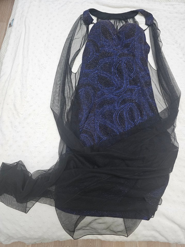 Lacivert Yılan Desenli Straplez Abiye - Görsel 2