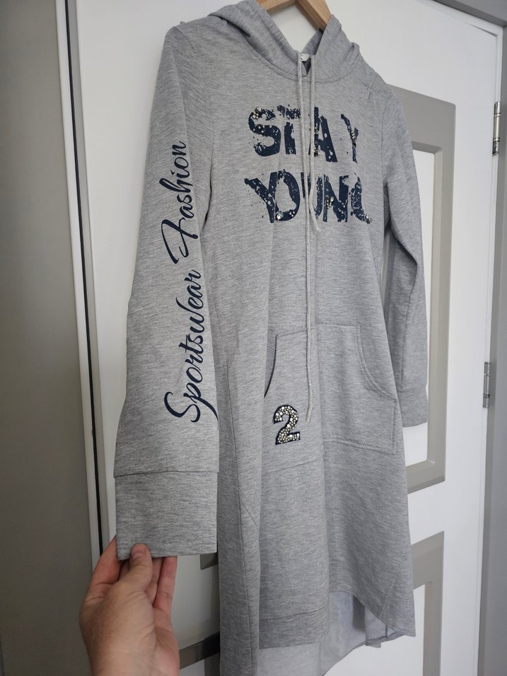 Gri Kapüşonlu Uzun Sweatshirt - Görsel 2