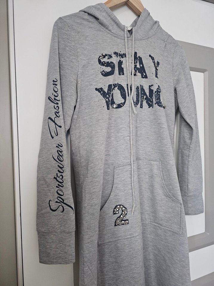 Gri Kapüşonlu Uzun Sweatshirt - Görsel 3