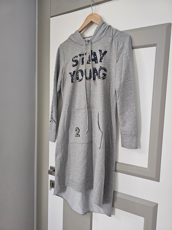 Gri Kapüşonlu Uzun Sweatshirt - Görsel 4