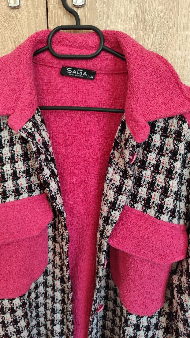 Düğmeli Pembe Ekose Kadın Gömlek ceket - Görsel 2