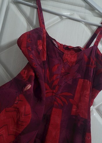 Kırmızı Desenli İnce Askılı Kadın Mini Elbise - Görsel 6