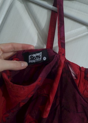 Kırmızı Desenli İnce Askılı Kadın Mini Elbise - Görsel 3