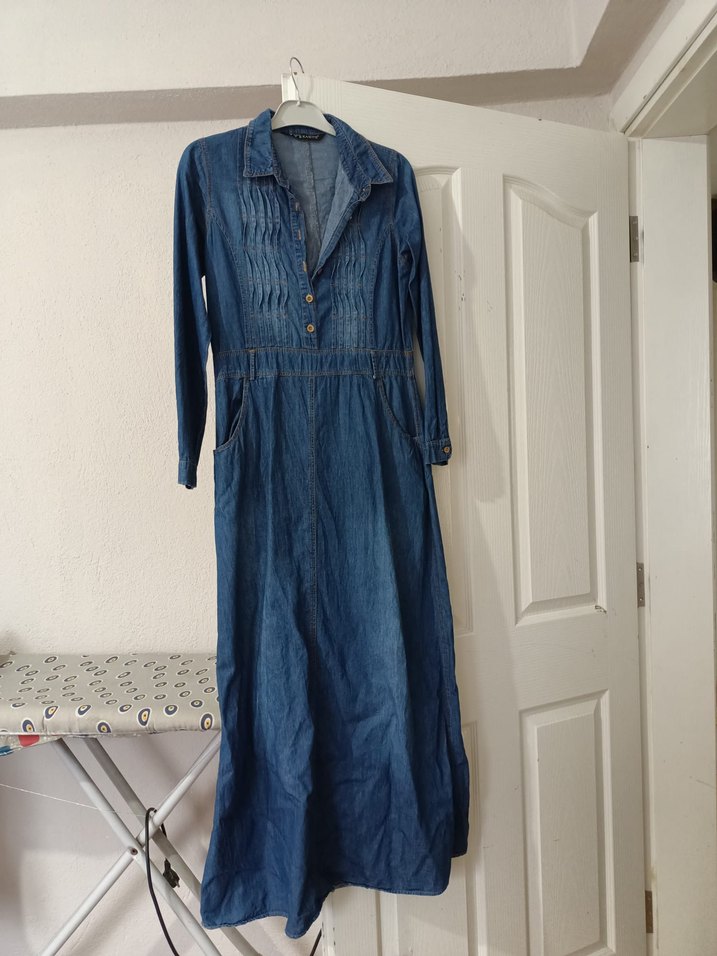 Kadın Uzun Denim Elbise Düğmeli Bohem - Görsel 3