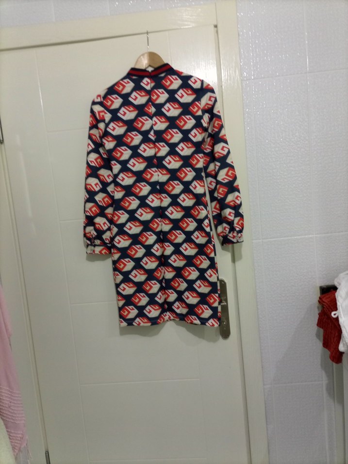 Uzun Kollu, Yüksek Yakalı Renkli Mini Elbise - Görsel 5