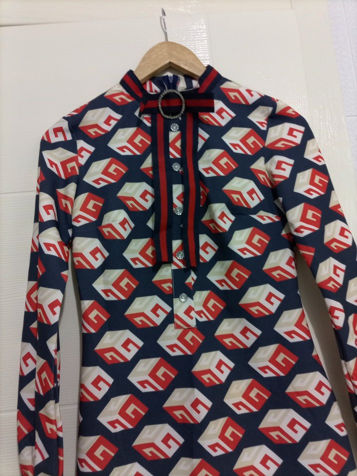 Uzun Kollu, Yüksek Yakalı Renkli Mini Elbise - Görsel 2