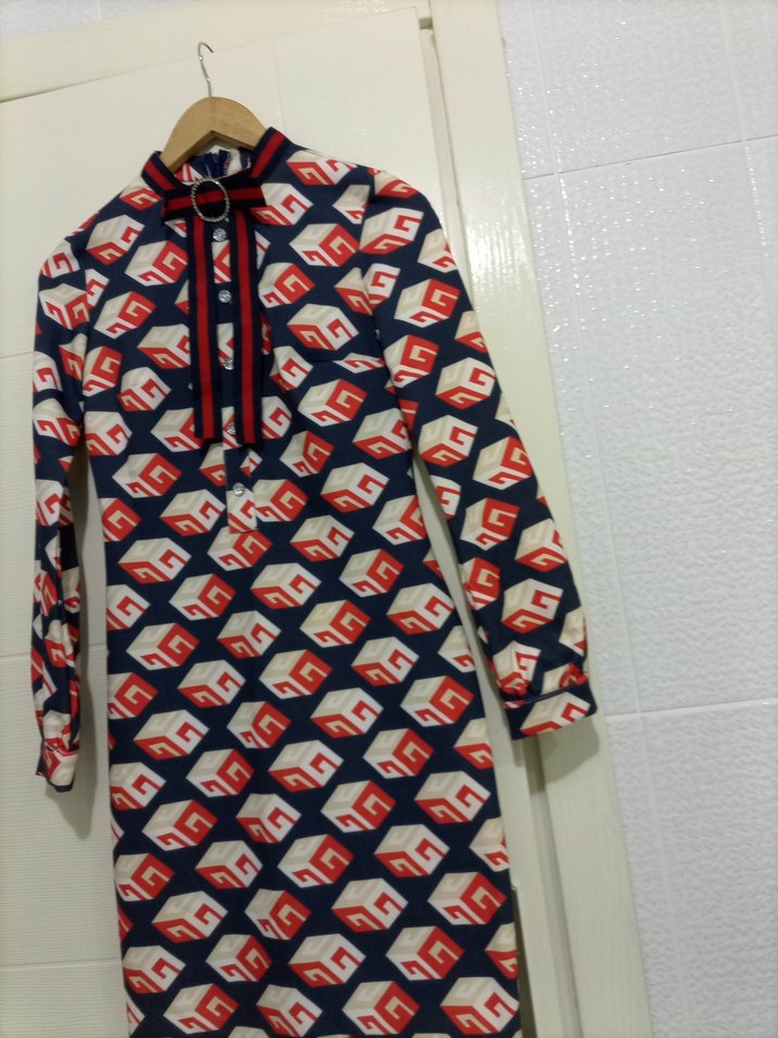 Uzun Kollu, Yüksek Yakalı Renkli Mini Elbise - Görsel 3