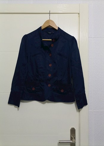 Düğmeli Lacivert Keten Kadın Blazer - Görsel 2