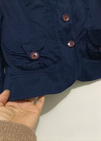 Düğmeli Lacivert Keten Kadın Blazer - Görsel 4