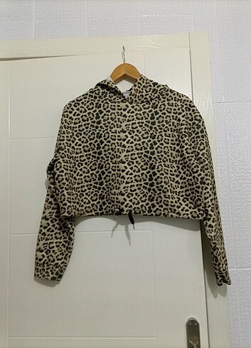 s Beden camel Renk Kapüşonlu Leopar desenli Sweatshirt 