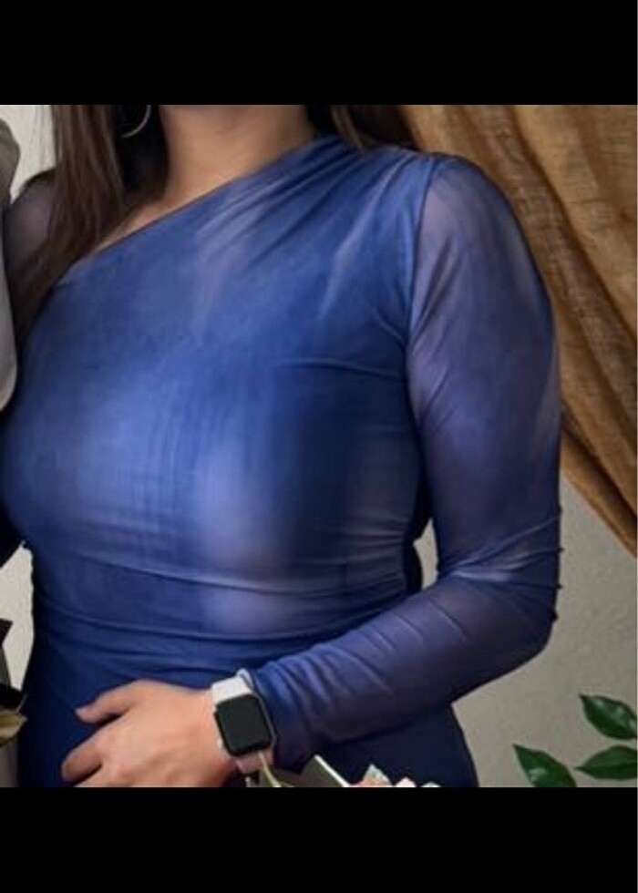 Mavi tek omuz tül elbise - Görsel 4