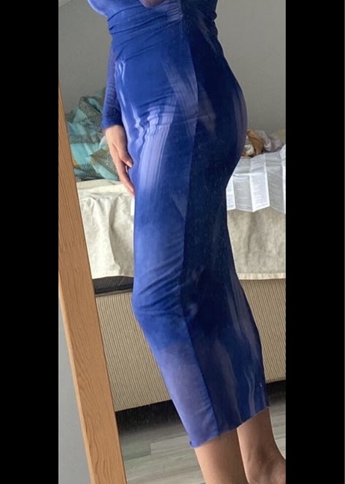 Mavi tek omuz tül elbise - Görsel 2