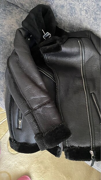 Stradivarius suni kürklü çift yüzlü biker ceket - Görsel 4