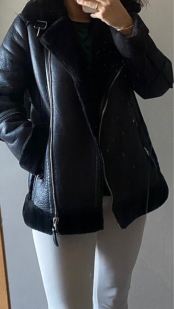 Stradivarius suni kürklü çift yüzlü biker ceket - Görsel 5