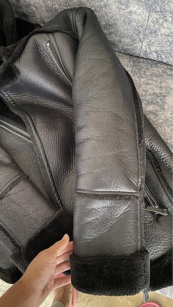 Stradivarius suni kürklü çift yüzlü biker ceket - Görsel 3