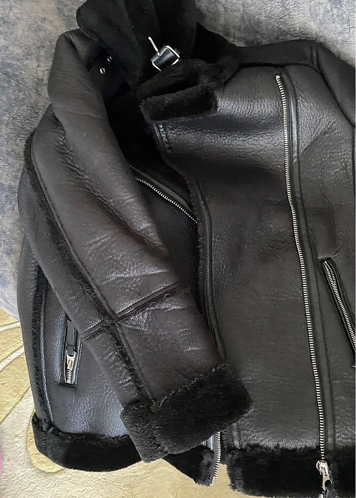 Stradivarius suni kürklü çift yüzlü biker ceket - Görsel 4