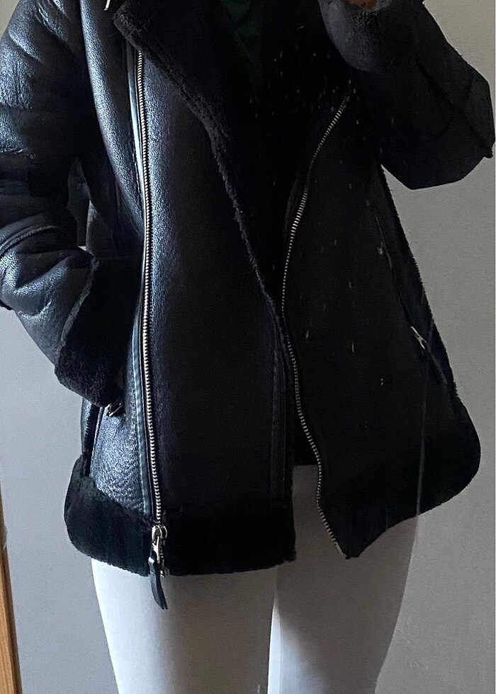 Stradivarius suni kürklü çift yüzlü biker ceket - Görsel 5