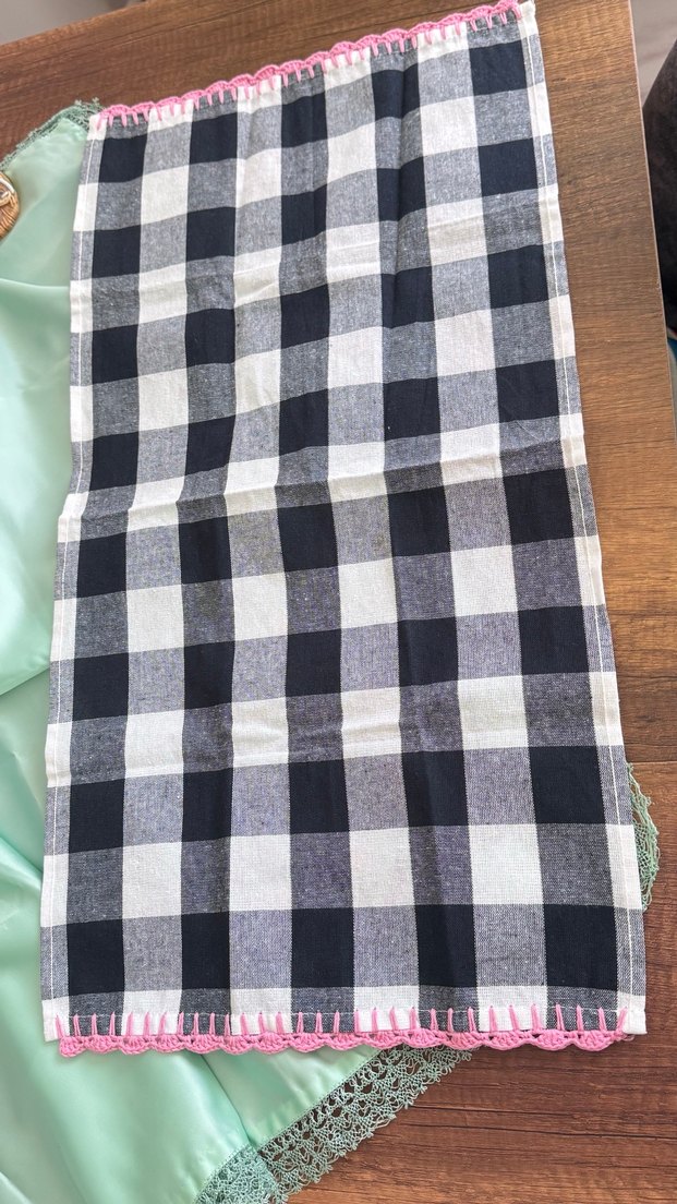 Pembe Nakışlı Gri Ekose Mutfak Örtüsü Sıfır - Görsel 3