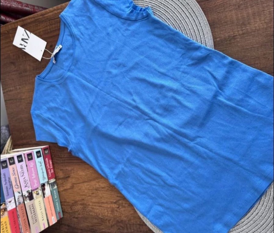 Mavi Kısa Kollu Basic Kadın Tişört - Görsel 2