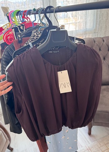 l Beden kahverengi Renk Vatkali Drapeli Kahverengi Tül Crop Top