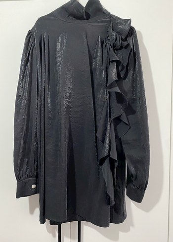 Hooopstore Uzun Kollu Drape bağlamalı shine siyah gömlek - Görsel 2