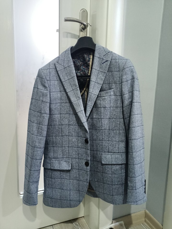 SPOR CEKET 46 beden Düğmeli Gri Kareli Erkek Takım Ceketi - Görsel 2