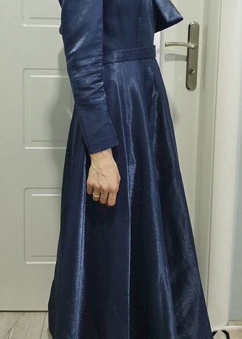 38 Beden Lacivert Uzun Kollu Drapeli Ofis Elbisesi - Görsel 4