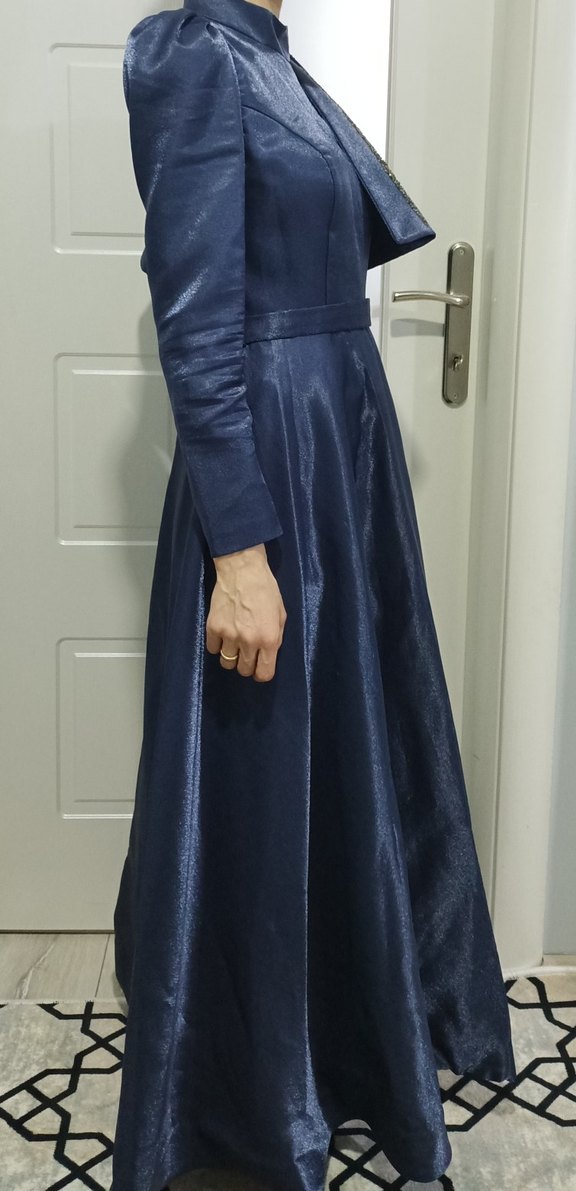 38 Beden Lacivert Uzun Kollu Drapeli Ofis Elbisesi - Görsel 4