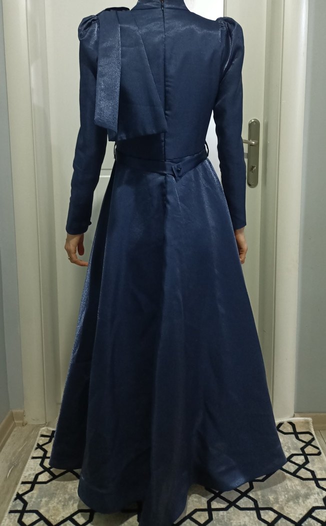 38 Beden Lacivert Uzun Kollu Drapeli Ofis Elbisesi - Görsel 5