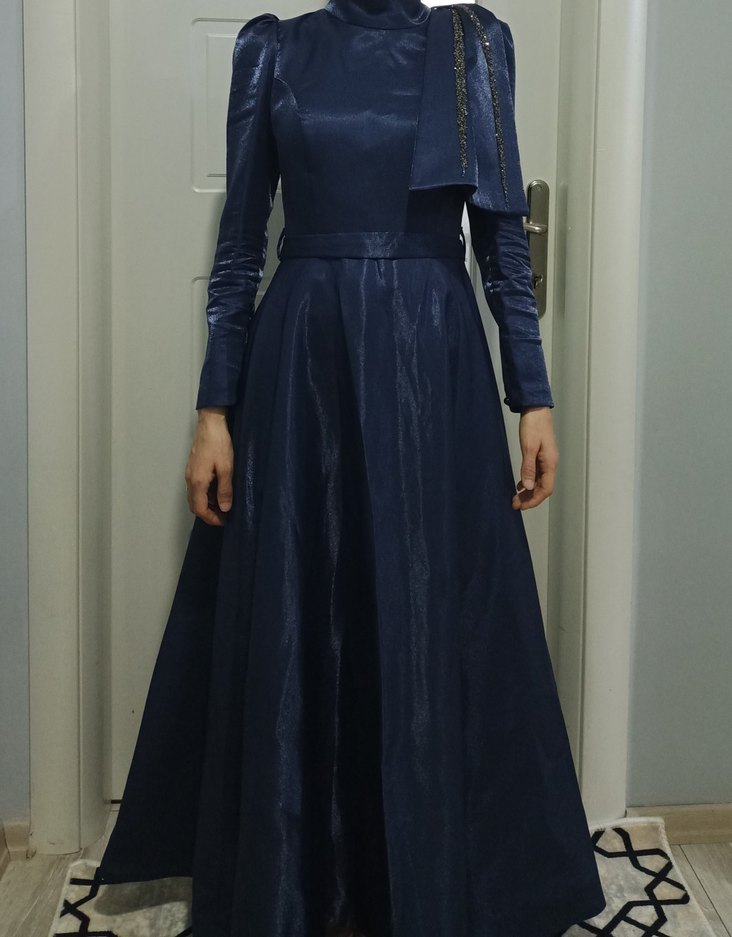 38 Beden Lacivert Uzun Kollu Drapeli Ofis Elbisesi - Görsel 3