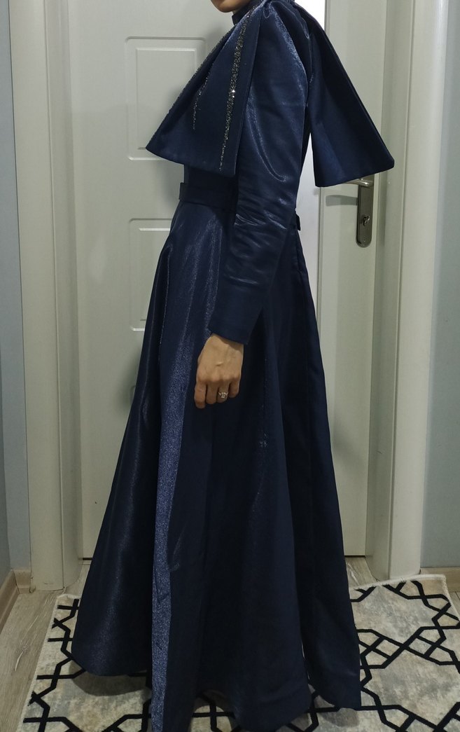 38 Beden Lacivert Uzun Kollu Drapeli Ofis Elbisesi - Görsel 2