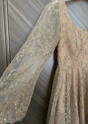 Bej Vintage Dantel Uzun Abiye Elbise - Görsel 2