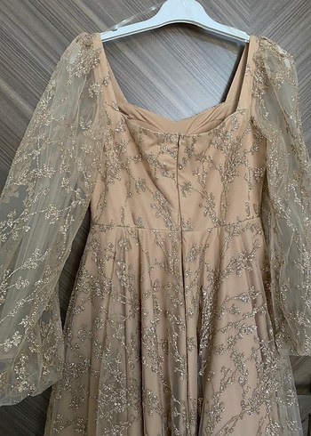 Bej Vintage Dantel Uzun Abiye Elbise - Görsel 3