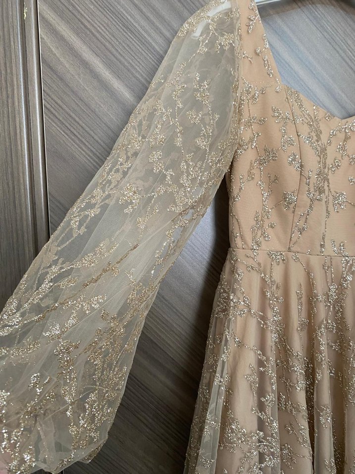 Bej Vintage Dantel Uzun Abiye Elbise - Görsel 2